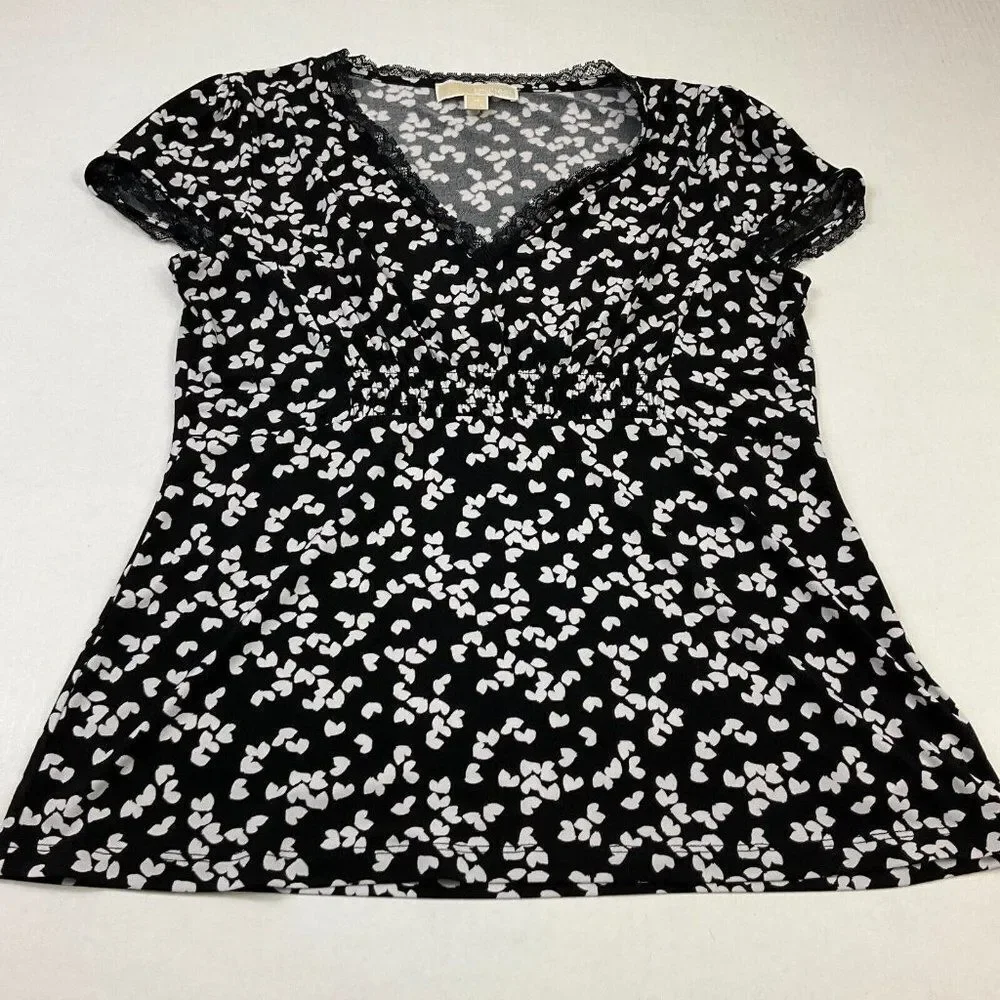 Michael Kors Womens Lace Blouse Black White Stretch Short Sleeve Shirt M Medium